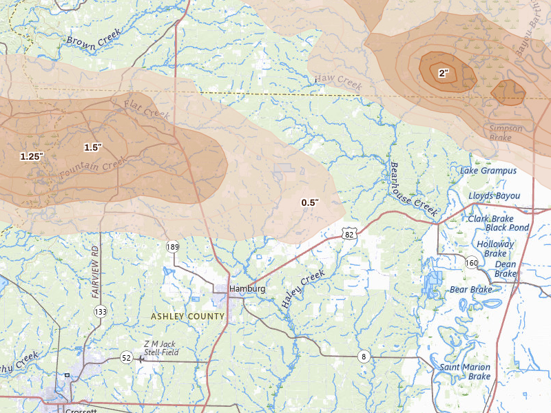 Radar-estimated hail-size map of the storm over Hamburg, AR on Apr 28, 2026