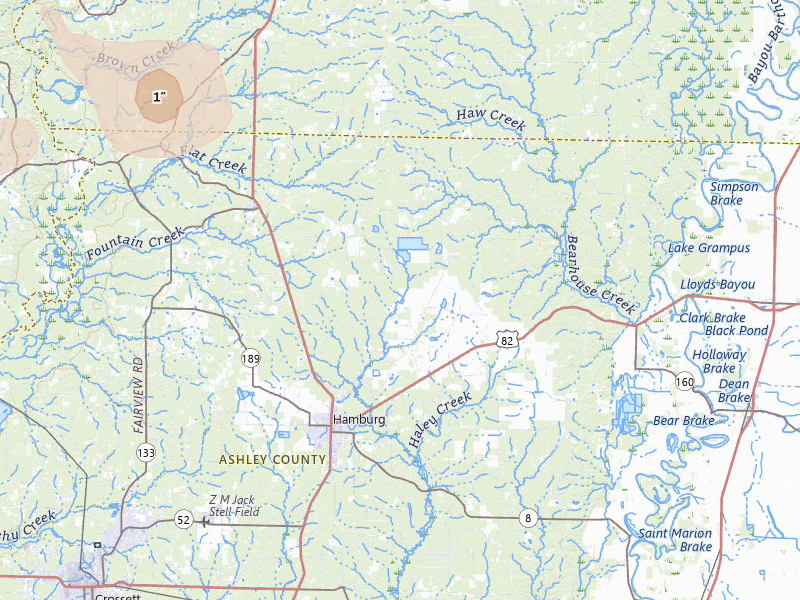 Radar-estimated hail-size map of the storm over Hamburg, AR on Jun 1, 2026