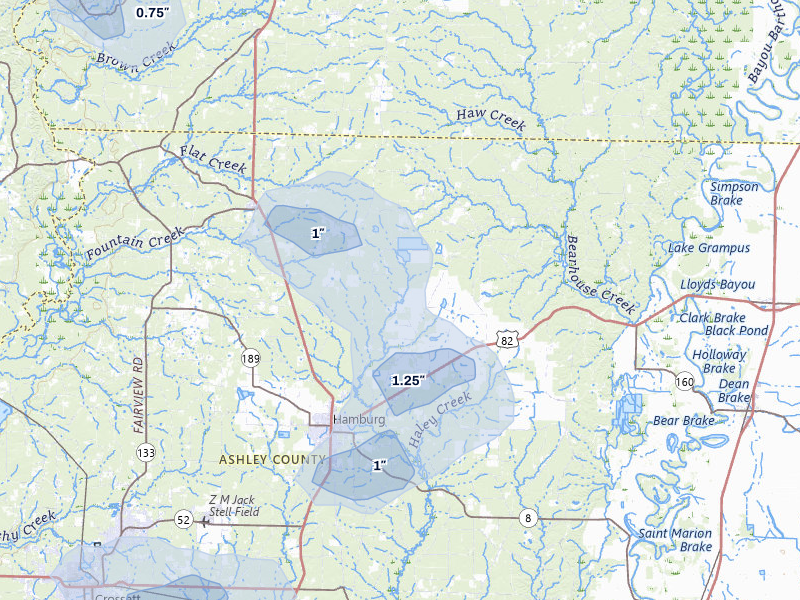 NEXRAD radar-signature map of the hail over Hamburg, AR