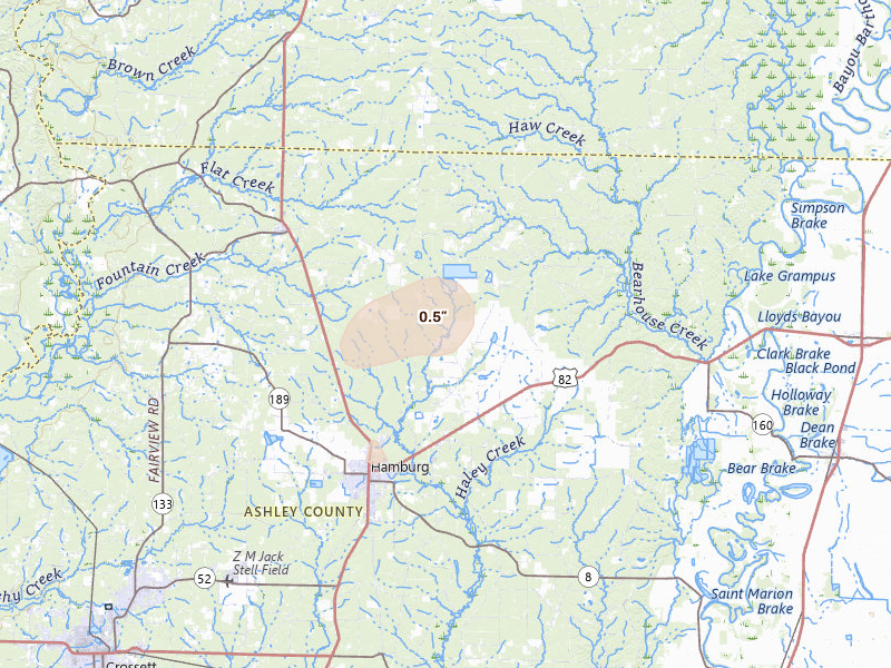 Radar-estimated hail-size map of the storm over Hamburg, AR on Jul 6, 2026