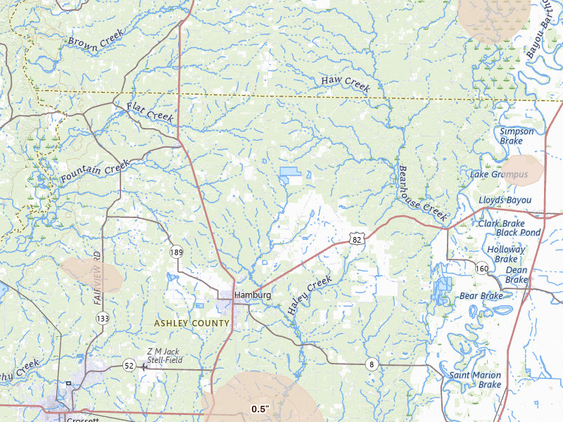 Radar-estimated hail-size map of the storm over Hamburg, AR on Jul 8, 2026