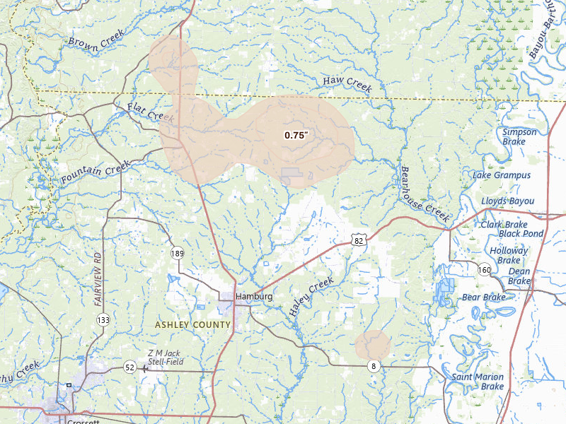 Radar-estimated hail-size map of the storm over Hamburg, AR on Jul 12, 2026