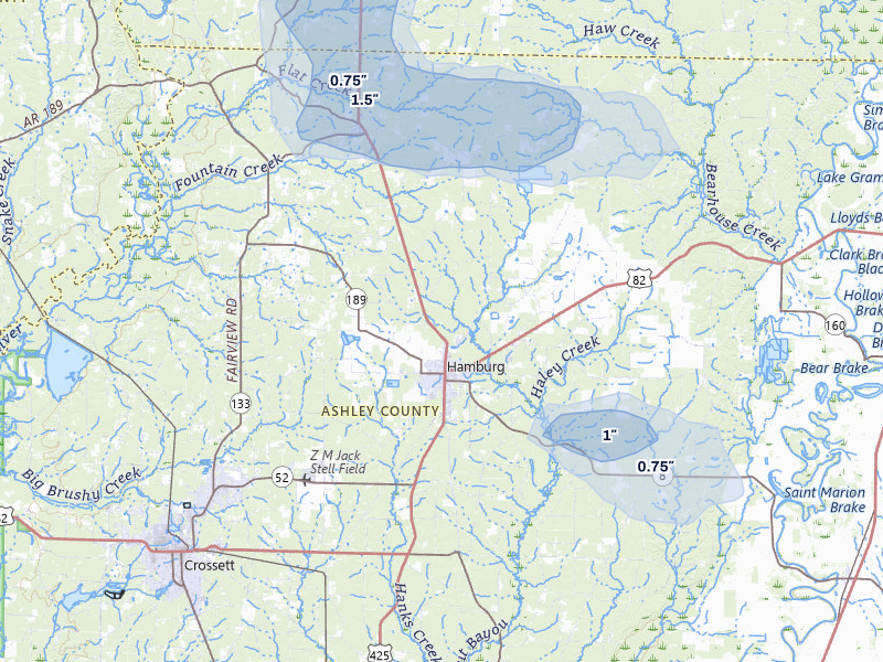 NEXRAD radar-signature map of the hail storm over Hamburg, AR on Jul 12, 2026
