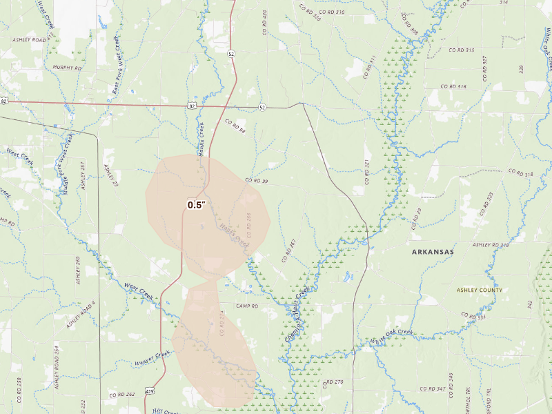 Radar-estimated hail-size map of the storm over Hamburg, AR on Sep 12, 2026