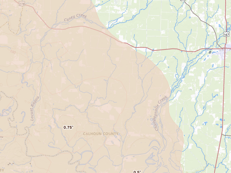 Radar-estimated hail-size map of the storm over Hampton, AR on Apr 25, 2026