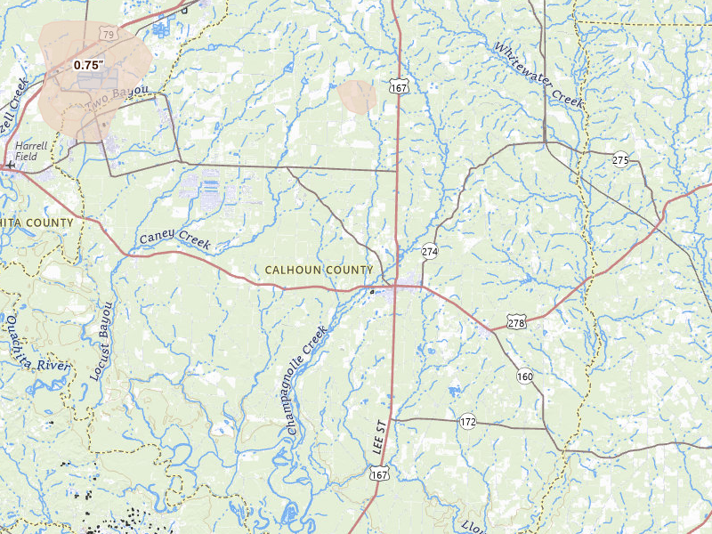Radar-estimated hail-size map of the storm over Hampton, AR on Jul 6, 2026