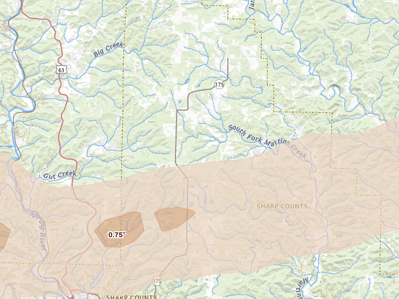 Radar-estimated hail-size map of the storm over Hardy, AR on Mar 4, 2026