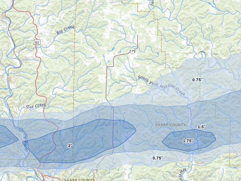 NEXRAD radar-signature map of the hail storm over Hardy, AR on Mar 4, 2026