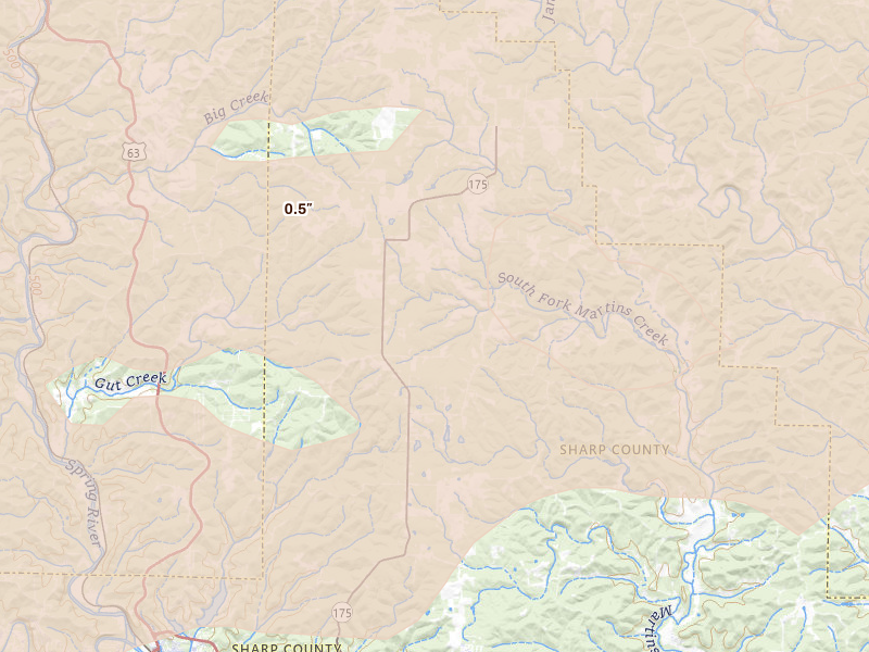 Radar-estimated hail-size map of the storm over Hardy, AR on Apr 27, 2026
