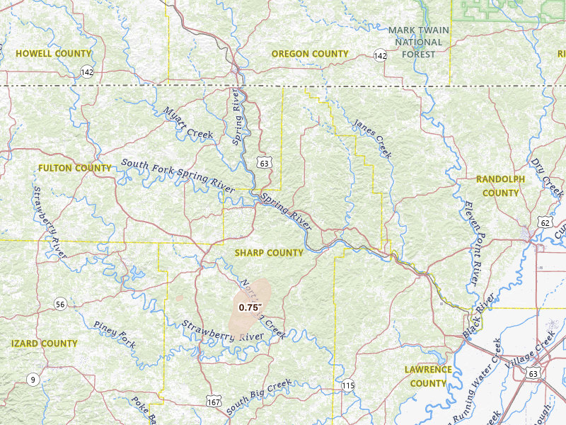 Radar-estimated hail-size map of the storm over Hardy, AR on Jun 25, 2026