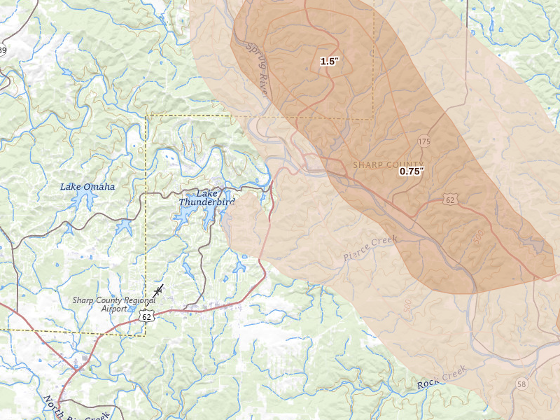Radar-estimated hail-size map of the storm over Hardy, AR on Aug 22, 2026