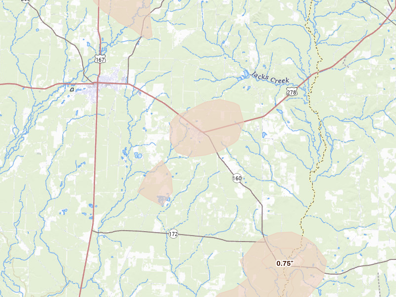 Radar-estimated hail-size map of the storm over Harrell, AR on May 30, 2026