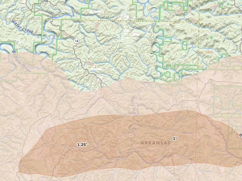 Radar-estimated hail-size map of the storm over Harriet, AR on Apr 28, 2026