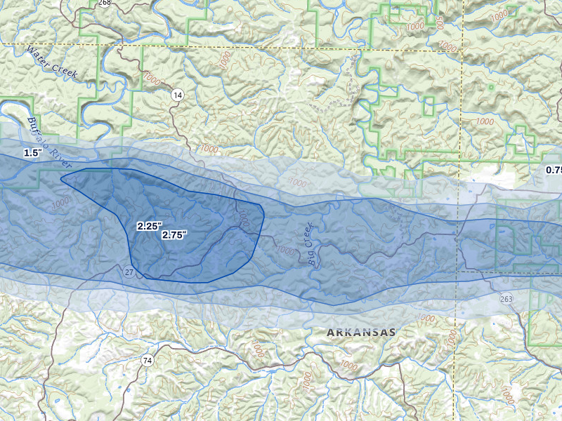 NEXRAD radar-signature map of the hail storm over Harriet, AR on Apr 28, 2026