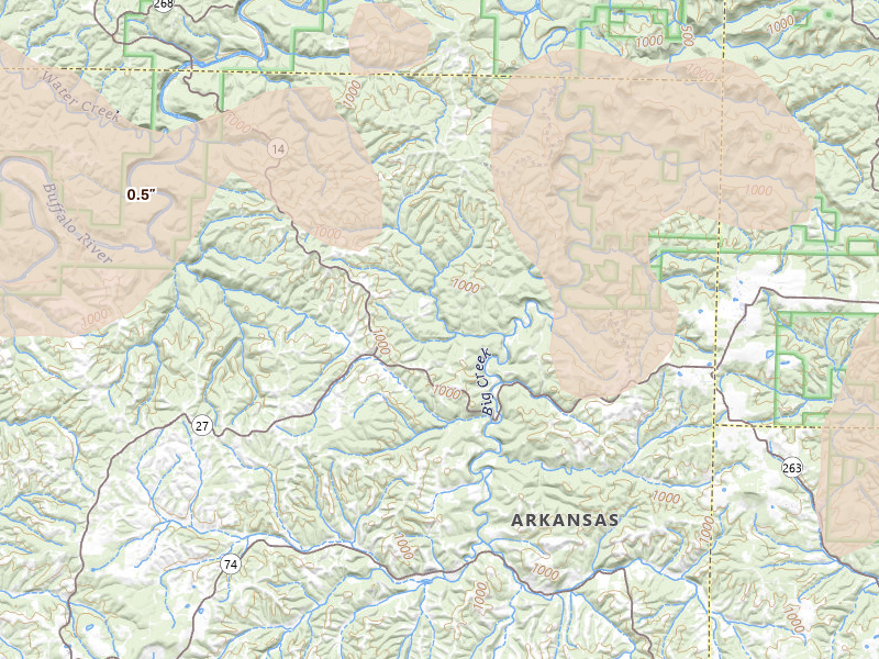 Radar-estimated hail-size map of the storm over Harriet, AR on Jun 13, 2026
