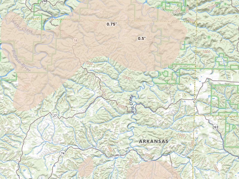 Radar-estimated hail-size map of the storm over Harriet, AR on Jul 11, 2026