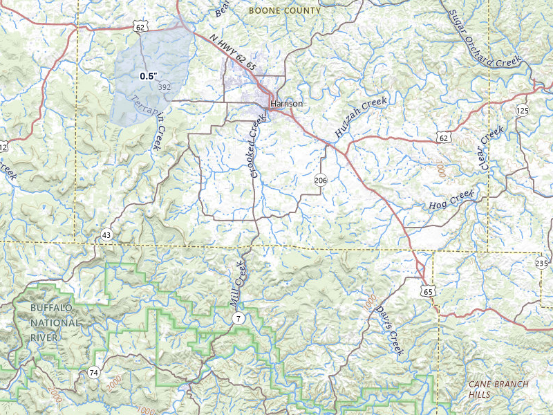 NEXRAD radar-signature map of the hail storm over Harrison, AR on Mar 6, 2026