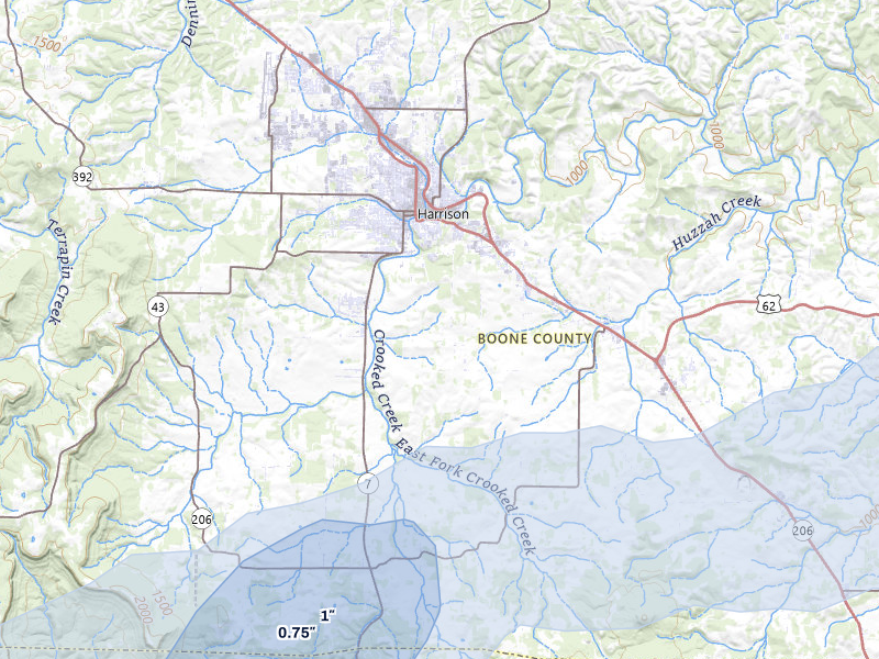 NEXRAD radar-signature map of the hail over Harrison, AR