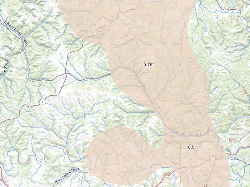 Radar-estimated hail-size map of the storm over Harrison, AR on Jun 1, 2026