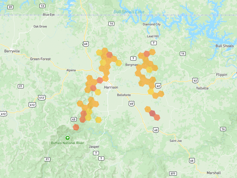 Hail map of Harrison, AR on Jun 1, 2026, hail up to 2"