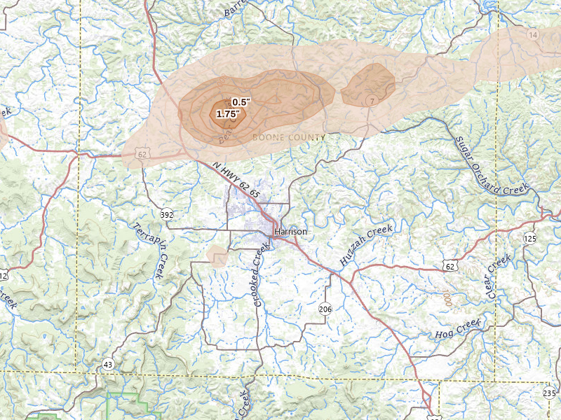 Radar-estimated hail-size map of the storm over Harrison, AR on Aug 7, 2026