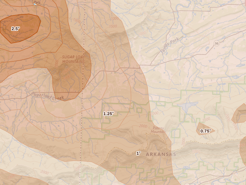 Radar-estimated hail-size map of the storm over Hartford, AR on Apr 25, 2026