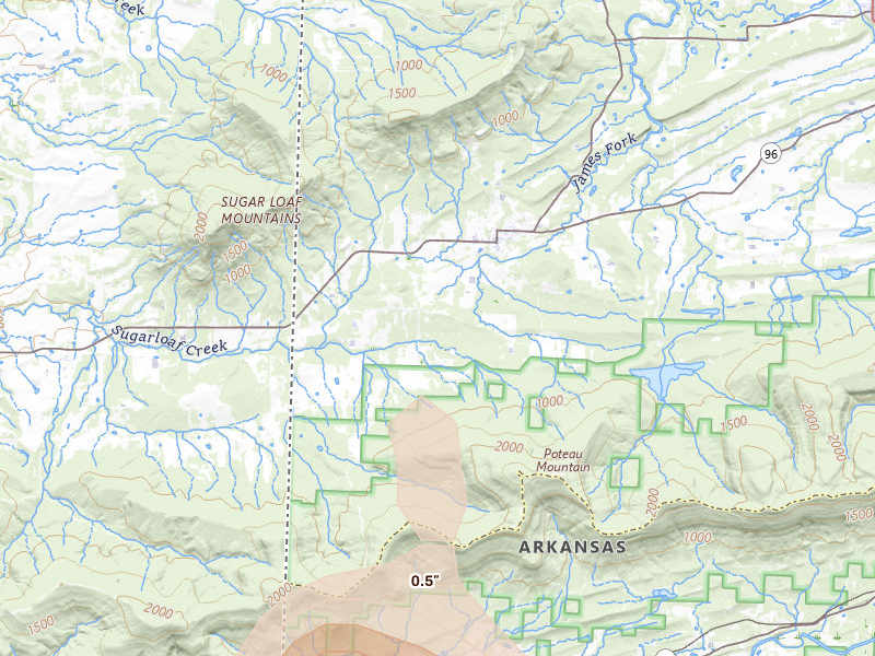 Radar-estimated hail-size map of the storm over Hartford, AR on Aug 7, 2026