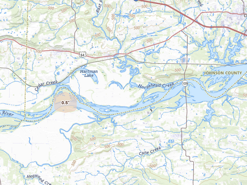 Radar-estimated hail-size map of the storm over Hartman, AR on Jul 11, 2026
