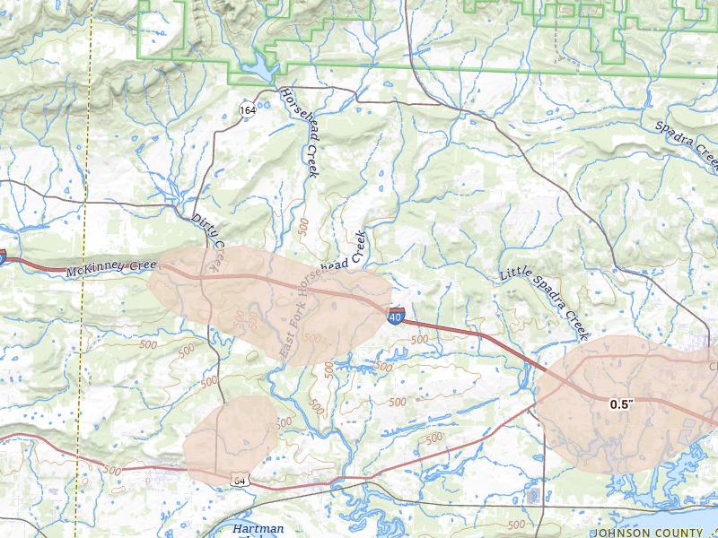 Radar-estimated hail-size map of the storm over Hartman, AR on Aug 17, 2026