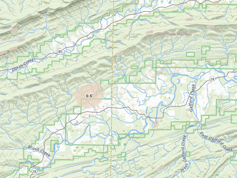 Radar-estimated hail-size map of the storm over Harvey, AR on Aug 26, 2026