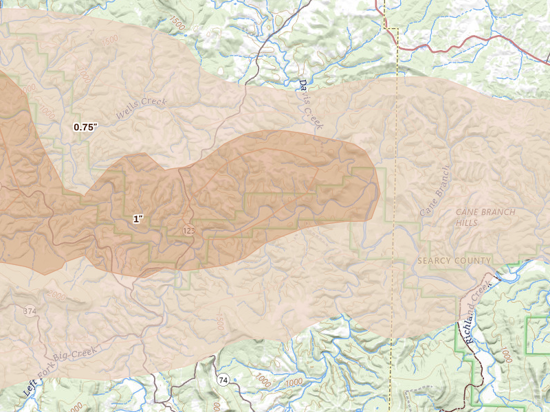 Radar-estimated hail-size map of the storm over Hasty, AR on Apr 28, 2026
