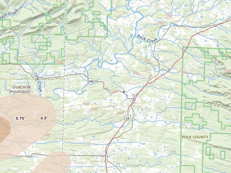 Radar-estimated hail-size map of the storm over Hatfield, AR on Apr 24, 2026