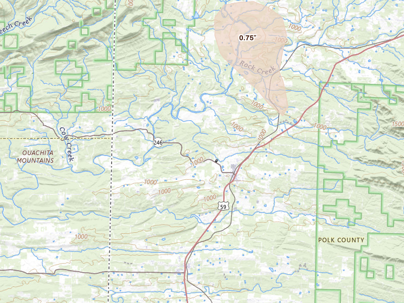 Radar-estimated hail-size map of the storm over Hatfield, AR on Jul 4, 2026