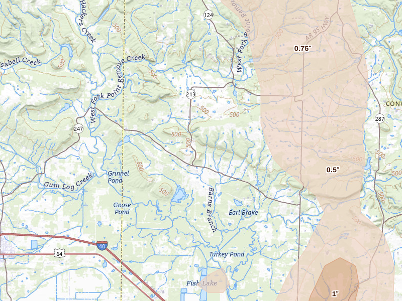 Radar-estimated hail-size map of the storm over Hattieville, AR on Jul 4, 2026