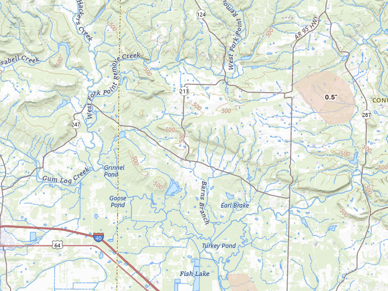 Radar-estimated hail-size map of the storm over Hattieville, AR on Jul 6, 2026