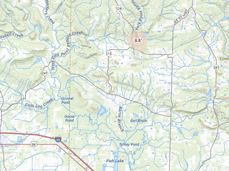 Radar-estimated hail-size map of the storm over Hattieville, AR on Aug 23, 2026