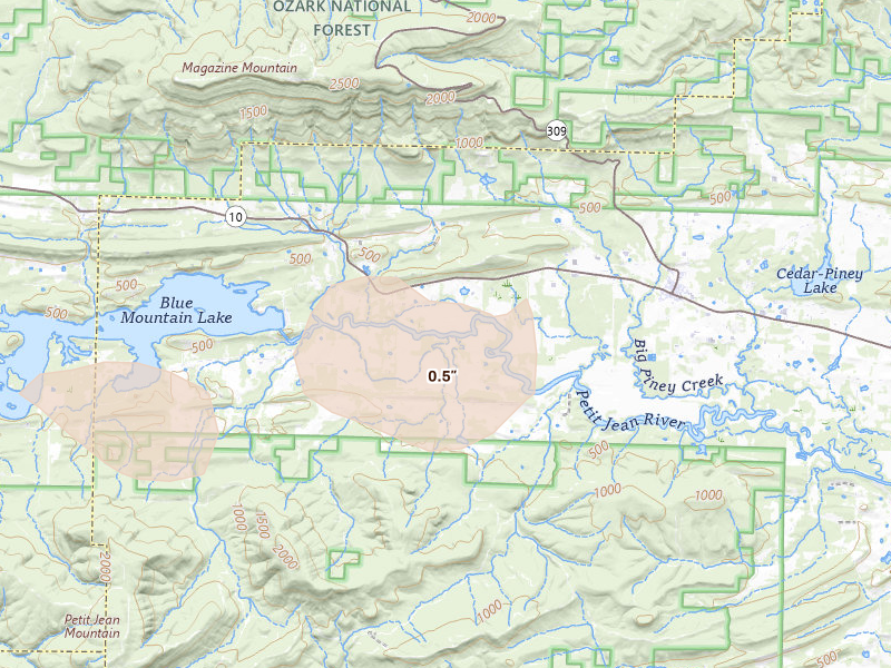 Radar-estimated hail-size map of the storm over Havana, AR on Jul 11, 2026