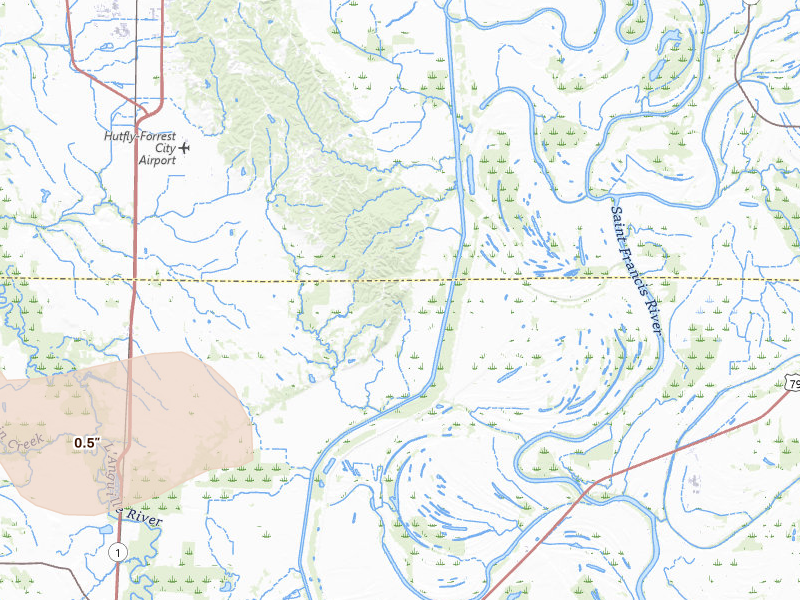 Radar-estimated hail-size map of the storm over Haynes, AR on Apr 28, 2026