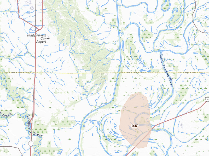 Radar-estimated hail-size map of the storm over Haynes, AR on May 19, 2026