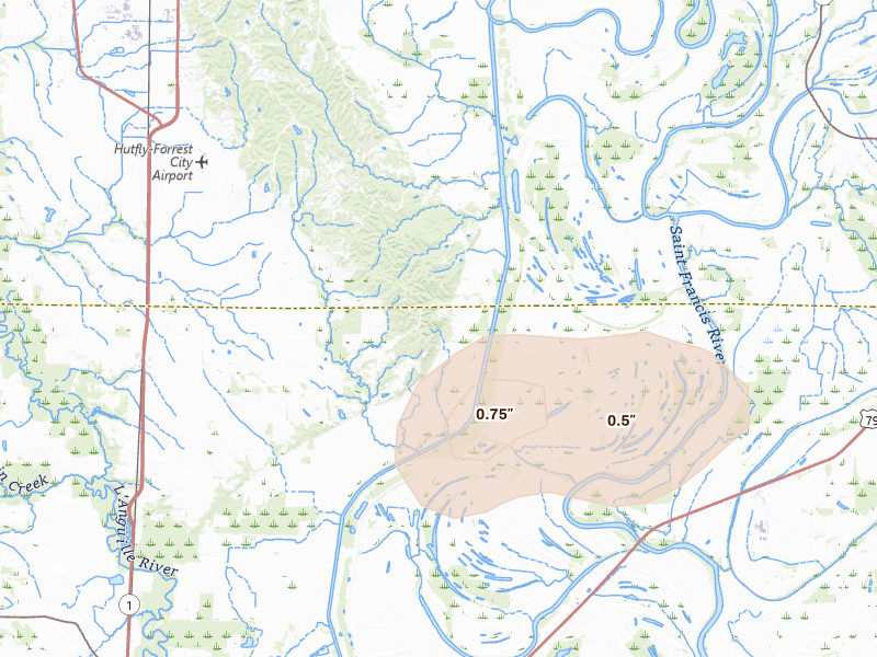 Radar-estimated hail-size map of the storm over Haynes, AR