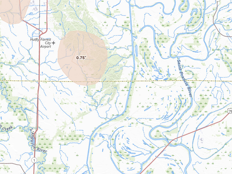 Radar-estimated hail-size map of the storm over Haynes, AR on Jul 11, 2026