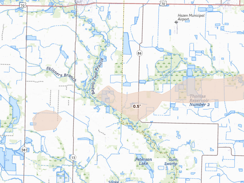 Radar-estimated hail-size map of the storm over Hazen, AR on Mar 9, 2026