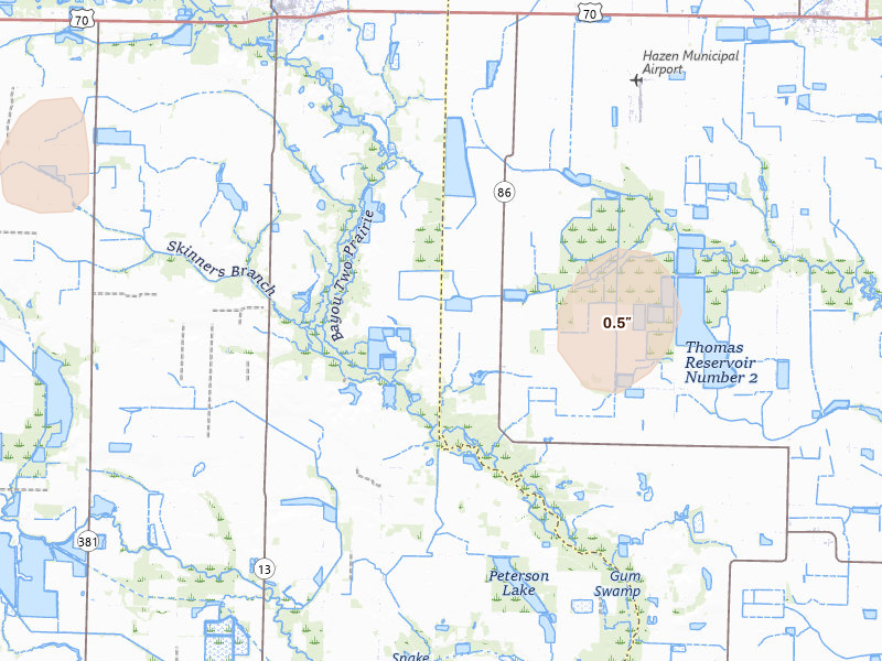 Radar-estimated hail-size map of the storm over Hazen, AR on Jun 12, 2026