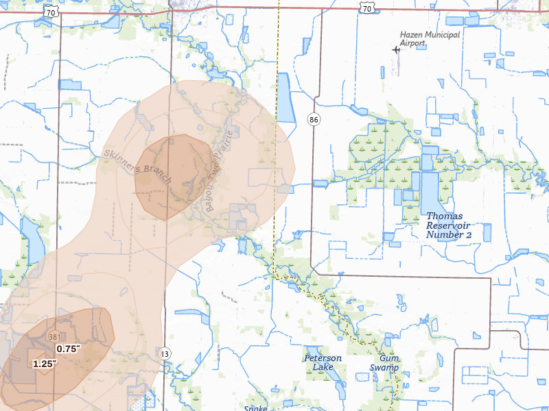 Radar-estimated hail-size map of the storm over Hazen, AR on Jul 4, 2026