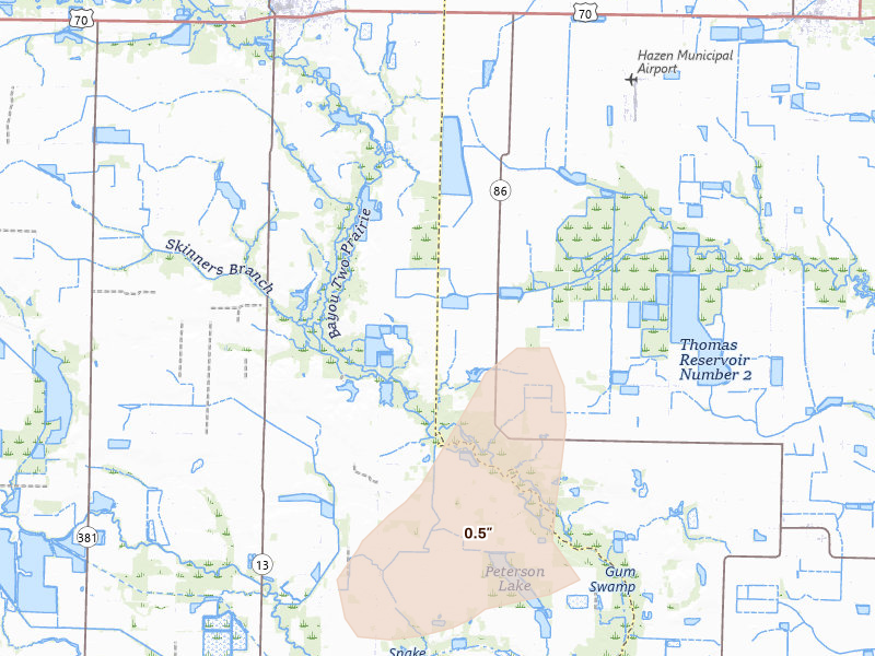 Radar-estimated hail-size map of the storm over Hazen, AR on Aug 7, 2026