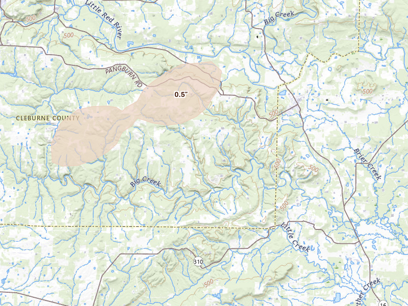 Radar-estimated hail-size map of the storm over Heber Springs, AR on Apr 28, 2026