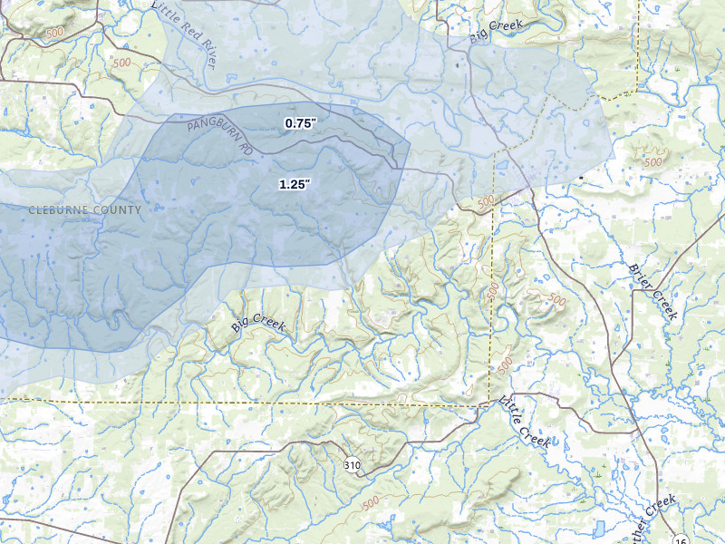 NEXRAD radar-signature map of the hail storm over Heber Springs, AR on Apr 28, 2026