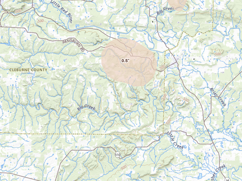 Radar-estimated hail-size map of the storm over Heber Springs, AR on Jun 1, 2026