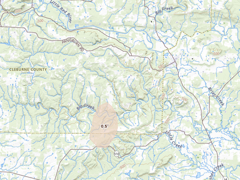 Radar-estimated hail-size map of the storm over Heber Springs, AR on Jul 3, 2026