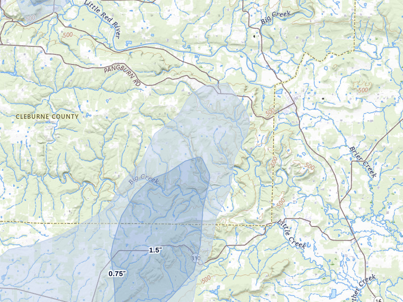 NEXRAD radar-signature map of the hail storm over Heber Springs, AR on Jul 3, 2026